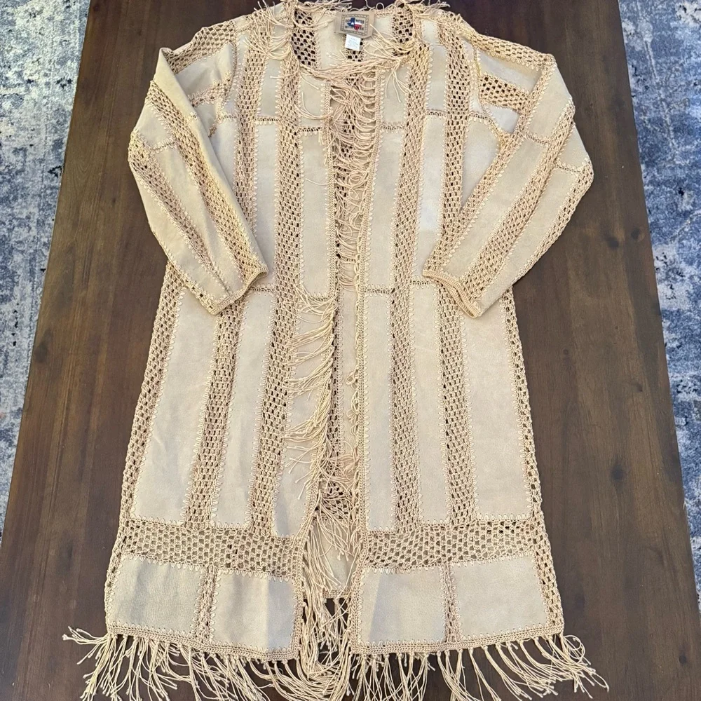Don’t Mess with Texas Fringe Beige Crochet‎ Cardigan Coat